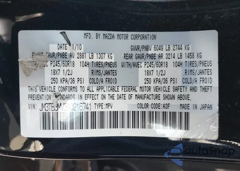 2010 Mazda Cx-9 Touring из США, поврежденный, VIN JM3TB3MV3A0216741